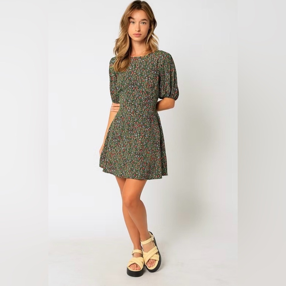 Floral Green Open Back Mini Dress